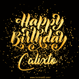 Animated GIF with colorful, festive 'Happy Birthday Calixto' text decorated with patterns, a party hat, and falling confetti. A vibrant and cheerful design for birthday celebrations.