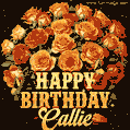 Beautiful bouquet of orange and red roses for Callie, golden inscription and twinkling stars