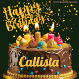 A delightful chocolate birthday cake with bright candles and 'Happy Birthday Callista' written in gold amidst a shower of animated stars.