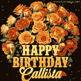 Animated bouquet of orange roses with moving butterfles and golden 'Happy Birthday Callista' text, surrounded by sparkling accents and a dark backdrop for a luxurious feel.