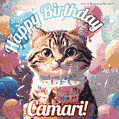 Happy birthday gif for Camari with cat and cake
