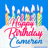 A cheerful animated GIF featuring colorful lit birthday candles on a white cake, with the text 'Happy Birthday Cameron' in bold red and blue script on a bright blue background.