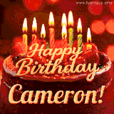 Animated GIF with colorful, festive 'Happy Birthday Cameron' text decorated with patterns, a party hat, and falling confetti. A vibrant and cheerful design for birthday celebrations.