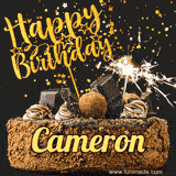 Animated GIF featuring the text 'Happy Birthday Cameron' written in glittering gold above the luxurious chocolate birthday cake adorned with truffles, gold stars, and sparklers.