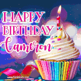 A festive animated GIF featuring a colorful cupcake with a single lit candle, sprinkles, and 'Happy Birthday Cameron' text against a sparkling, celebratory background.