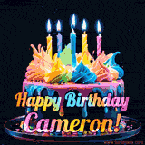 A vibrant animated GIF featuring a colorful rotating birthday cake with bright frosting swirls, glowing candles, and the text 'Happy Birthday Cameron!' in rainbow colors.