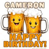 Animated GIF with name Cameron featuring two smiling beer mugs with frothy tops, toasting in celebration. The text reads 'Cameron, Happy Birthday!' in bold letters.