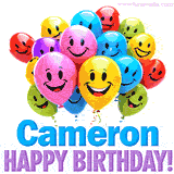 An animated birthday-themed name GIF with colorful smiling balloons and bold 'Cameron, Happy Birthday!' text for a celebratory touch.