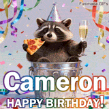 A humorous and festive Birthday GIF for Cameron. The raccoon enjoys a feast in a bin, adding a touch of comedy to the special wish with vibrant decorations.