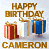 Happy Birthday Cameron written in bold 3D golden text with three colorful gift boxes in red, white, and blue bouncing up and down