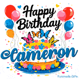 A festive white cake on a blue plate with the name Cameron, framed by colorful balloon bouquets and small hearts.