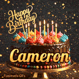 A personalized birthday cake for Cameron on a gold platter, surrounded by falling golden star confetti.