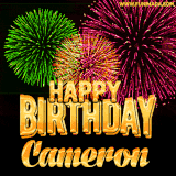 A captivating GIF with bursts of green, pink, and orange fireworks lighting up the night sky, accompanied by 'Happy Birthday Cameron' in glowing golden text.