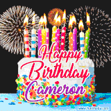 A lively happy birthday animated GIF showcasing a colorful birthday cake covered in sprinkles, topped with glowing candles, and surrounded by vibrant fireworks. The name 'Cameron' is featured in elegant script.