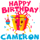 A funny animated birthday GIF with the words 'Happy Birthday Camerona', colorful gift box with arms and legs, holding a cupcake with a lit candle  with confetti everywhere.