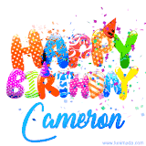 Animated GIF with colorful, festive 'Happy Birthday Cameron' text decorated with patterns, a party hat, and falling confetti. A vibrant and cheerful design for birthday celebrations.