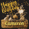 Celebrate Cameron's birthday with a GIF featuring chocolate cake, a lit sparkler, and golden stars