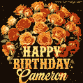 Beautiful bouquet of orange and red roses for Cameron, golden inscription and twinkling stars