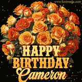 Animated bouquet of orange roses with moving butterfles and golden 'Happy Birthday Cameron' text, surrounded by sparkling accents and a dark backdrop for a luxurious feel.
