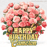 Golden 'Happy Birthday Cameron' text beneath a vibrant bouquet of orange roses, complete with glittering butterflies and sparkling details.