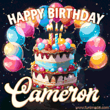 Bright birthday animation for Cameron with a chocolate cake, candles, balloons, and glowing celebratory lights.