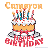 Cartoon birthday cake with a red bow, glowing candles, and 'Cameron Happy Birthday' text in bold animated style.