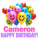 Animated colorful and joyful birthday balloons with cheerful smiles and a bright 'Happy Birthday Cameron!' message in pink and purple.