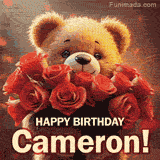 Cinematic style cute animated teddy bear with charming features holding a large bouquet of red roses, the words say 'Happy Birthday Cameron' in sans serif font.