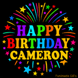 Personalized greeting card with name, colorful text that says 'Happy Birthday Cameron' surrounded by animated fireworks and multicolor stars