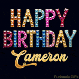 Vibrant luxury birthday greeting card for Cameron, showing glittering gemstone letters and golden calligraphy on a dark background with twinkling shine effects.