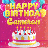 Pink-themed animated greeting with balloons, confetti, and a frosted cake under the message 'Happy Birthday Cameron' in bold rounded yellow font.