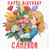 Bright floral birthday animation for Cameron showing a cute cartoon girl with golden hair and expressive eyes holding a huge bouquet, surrounded by birthday text.