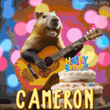 Animated birthday GIF showing a capybara playing guitar and singing beside a birthday cake with the name Cameron in large letters and colorful bokeh lights in the background.