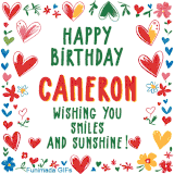 A colorful animated card for Cameron’s birthday featuring playful hearts, cheerful flowers, and a handwritten message wishing smiles and sunshine.