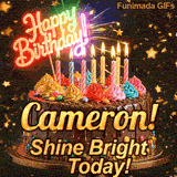 Bold golden lettering spelling Cameron! on a gourmet chocolate cake with the subtext Shine Bright Today! on a gold stand.
