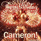 Large white text spelling Cameron at the base of a luxury gift box wrapped in golden ribbons on a dark background.