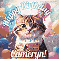 Happy birthday gif for Cameryn with cat and cake