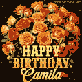 Beautiful bouquet of orange and red roses for Camila, golden inscription and twinkling stars