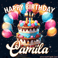 Hand-drawn happy birthday cake adorned with an arch of colorful balloons - name GIF for Camila