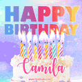 Animated Happy Birthday Cake with Name Camila and Burning Candles