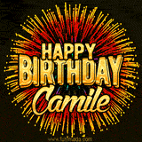 Golden 'Happy Birthday Camile' text accompanied by animated rainbow fireworks for a festive animated greeting.