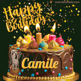 A delightful chocolate birthday cake with bright candles and 'Happy Birthday Camile' written in gold amidst a shower of animated stars.