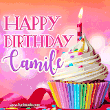 A vibrant birthday GIF featuring a rainbow-colored cupcake topped with white frosting, sprinkles, and a lit candle. The text reads 'Happy Birthday Camile' in bold pink and violet letters with white outline.