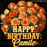 Animated bouquet of orange roses with moving butterfles and golden 'Happy Birthday Camile' text, surrounded by sparkling accents and a dark backdrop for a luxurious feel.