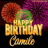 A golden 'Happy Birthday Camile' message with vibrant fireworks in the background, creating a festive and celebratory vibe in this animated name GIF.