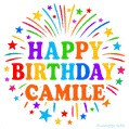 Happy Birthday Camile' GIF with rainbow-colored letters, colorful stars, and fireworks on white background.