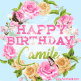 A charming animated GIF featuring 'Happy Birthday Camile' in pink and green text, surrounded by delicate roses, leaves, and fluttering butterflies on a soft light blue pastel background.