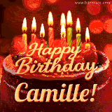 Beautifully decorated red velvet berry birthday cake with vibrant fruits and a glowing 'Camille' name, adding a touch of sweetness and sparkle.