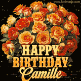 Animated bouquet of orange roses with moving butterfles and golden 'Happy Birthday Camille' text, surrounded by sparkling accents and a dark backdrop for a luxurious feel.