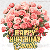 Golden 'Happy Birthday Camille' text beneath a vibrant bouquet of orange roses, complete with glittering butterflies and sparkling details.